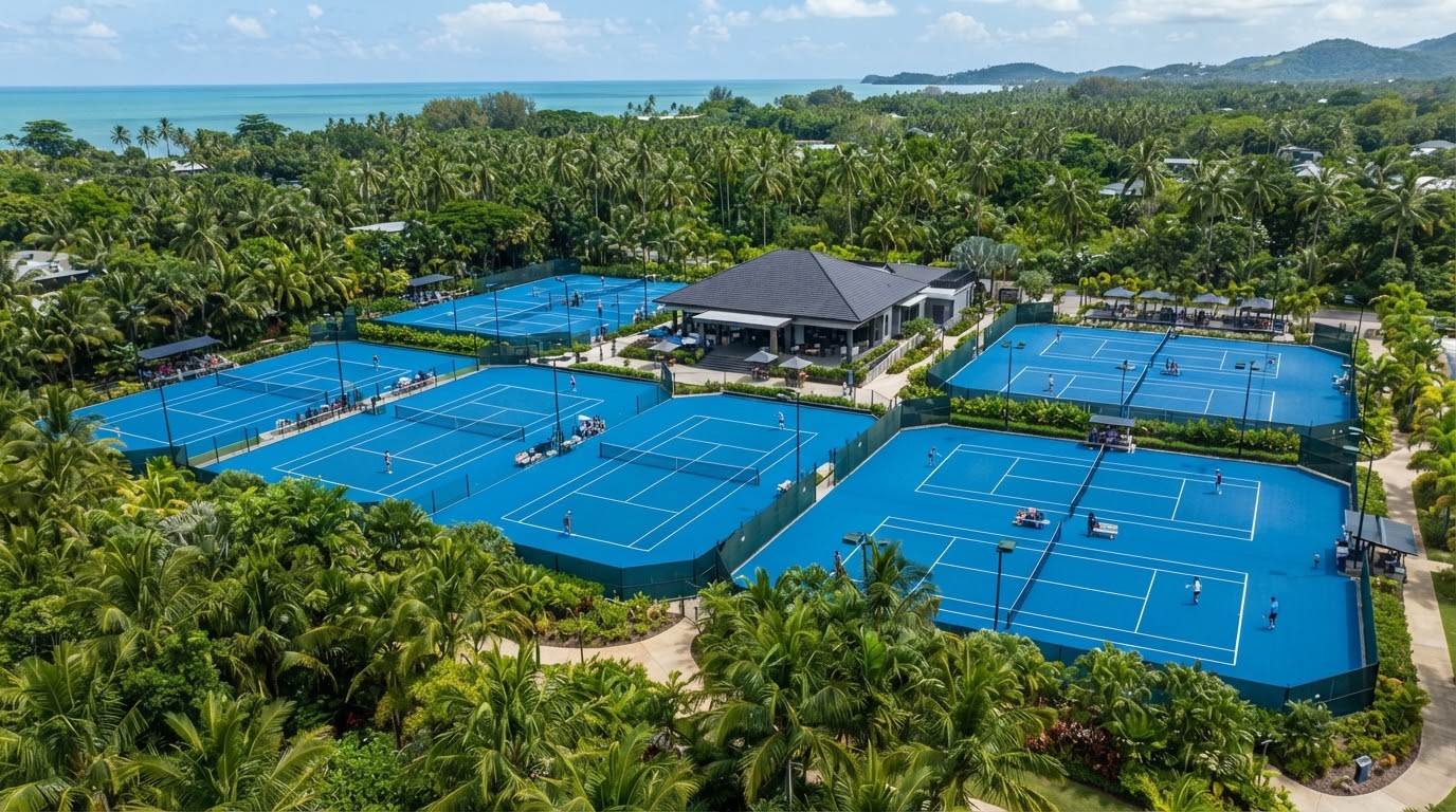 High-angle aerial wide view of pristine modern outdoor tennis club courts