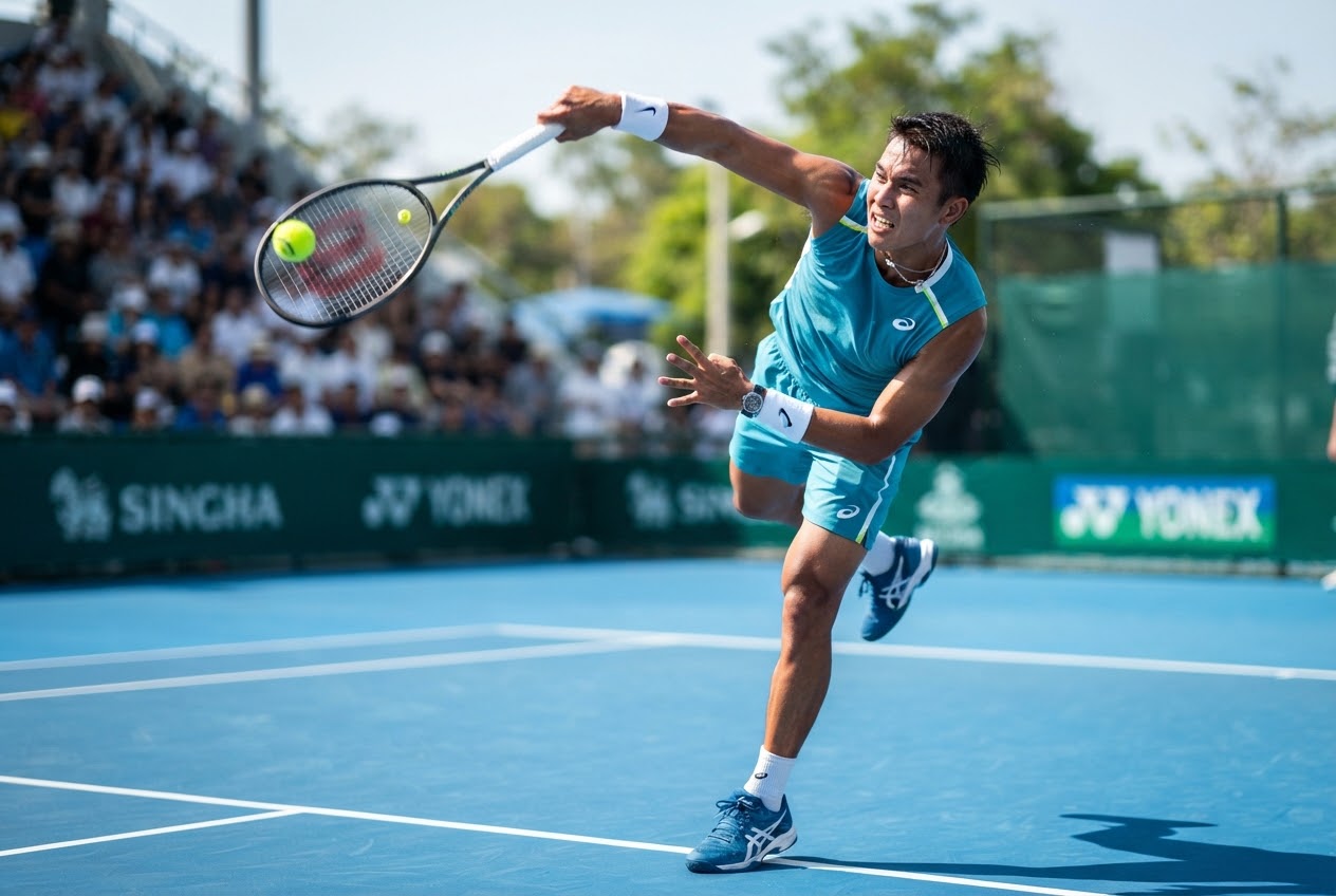 Dynamic action shot of athletic Thai male tennis player serving powerfully