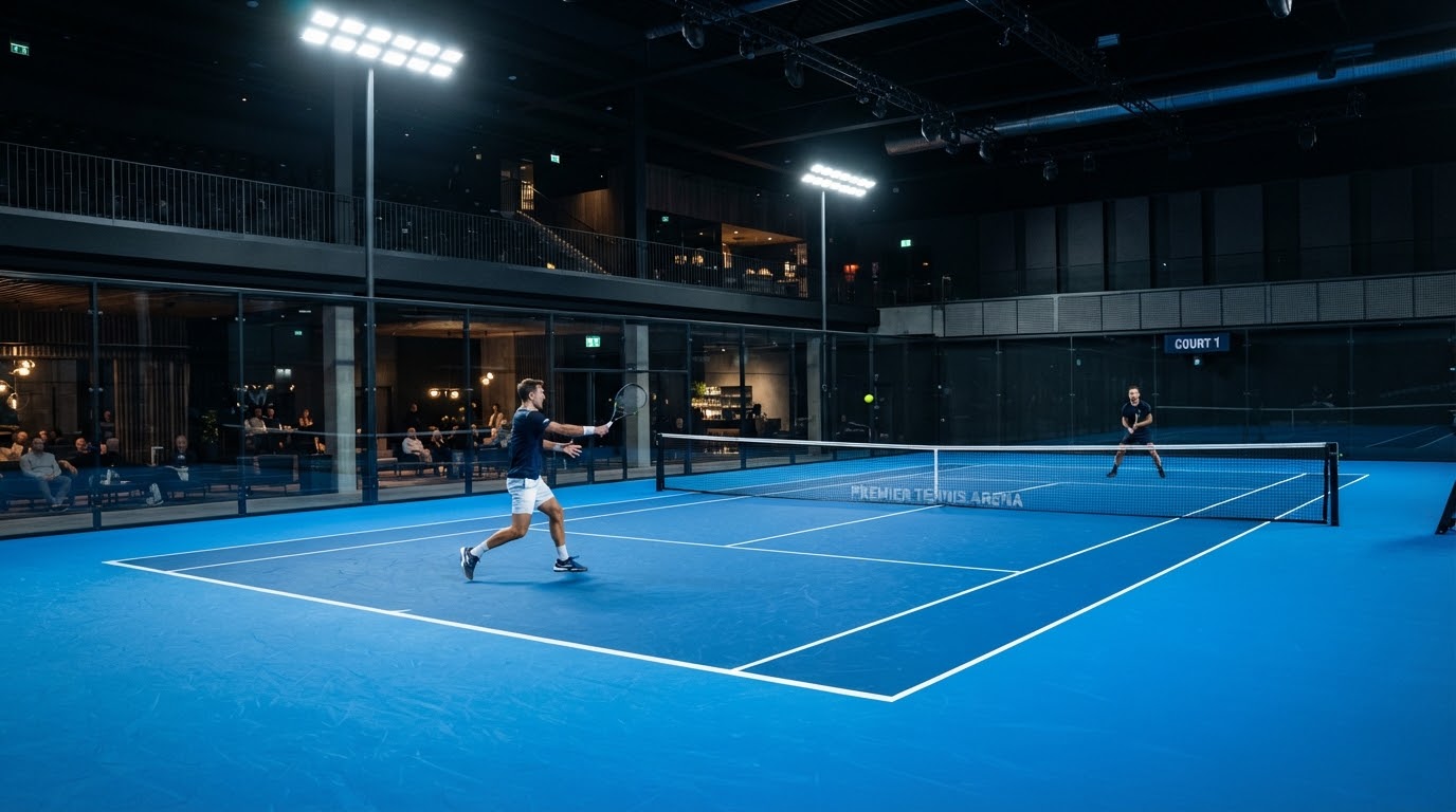 Modern luxury indoor tennis facility with dark backdrop and professional bright stadium floodlights