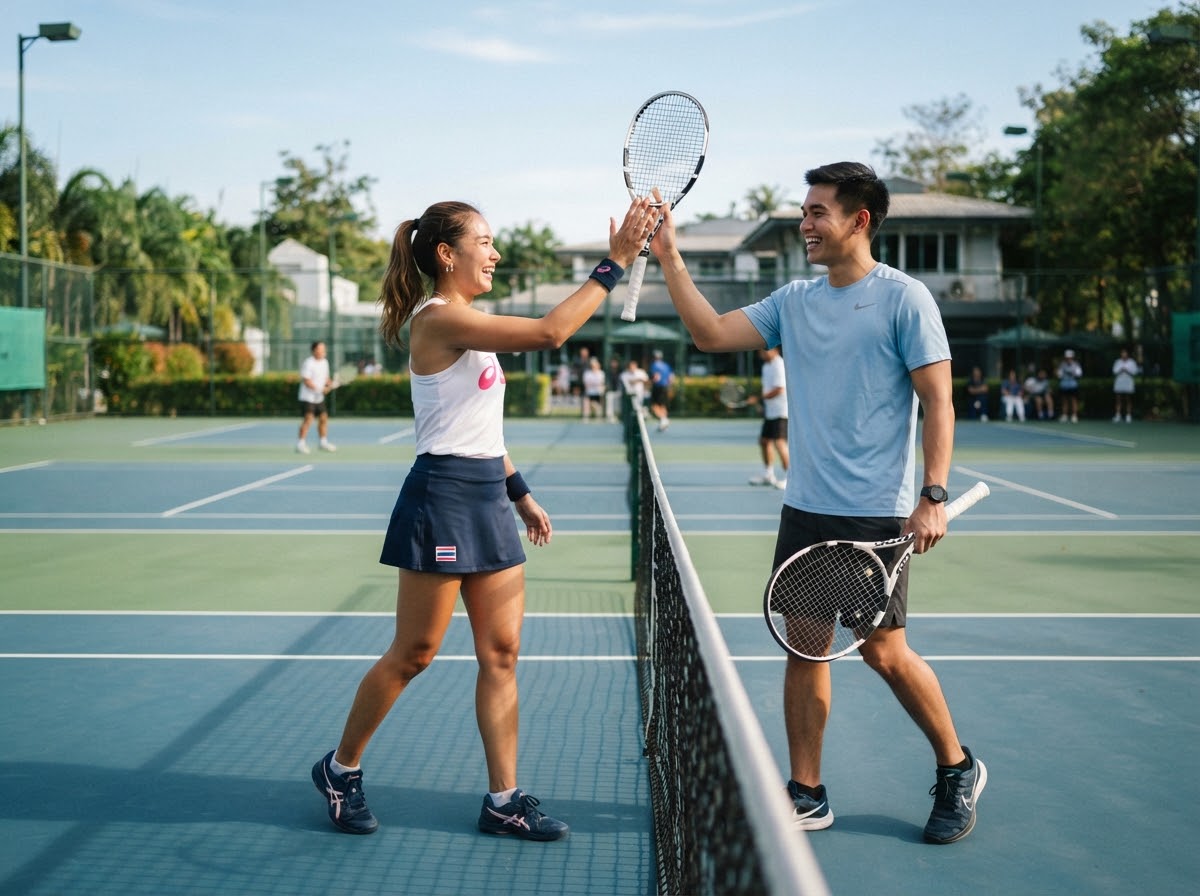 Active Thai couple playing doubles tennis