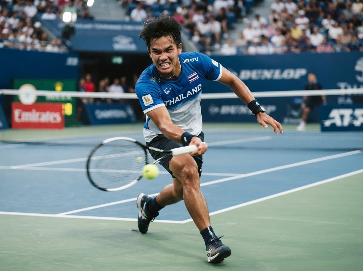 Skilled athletic young Thai male tennis player executing forehand