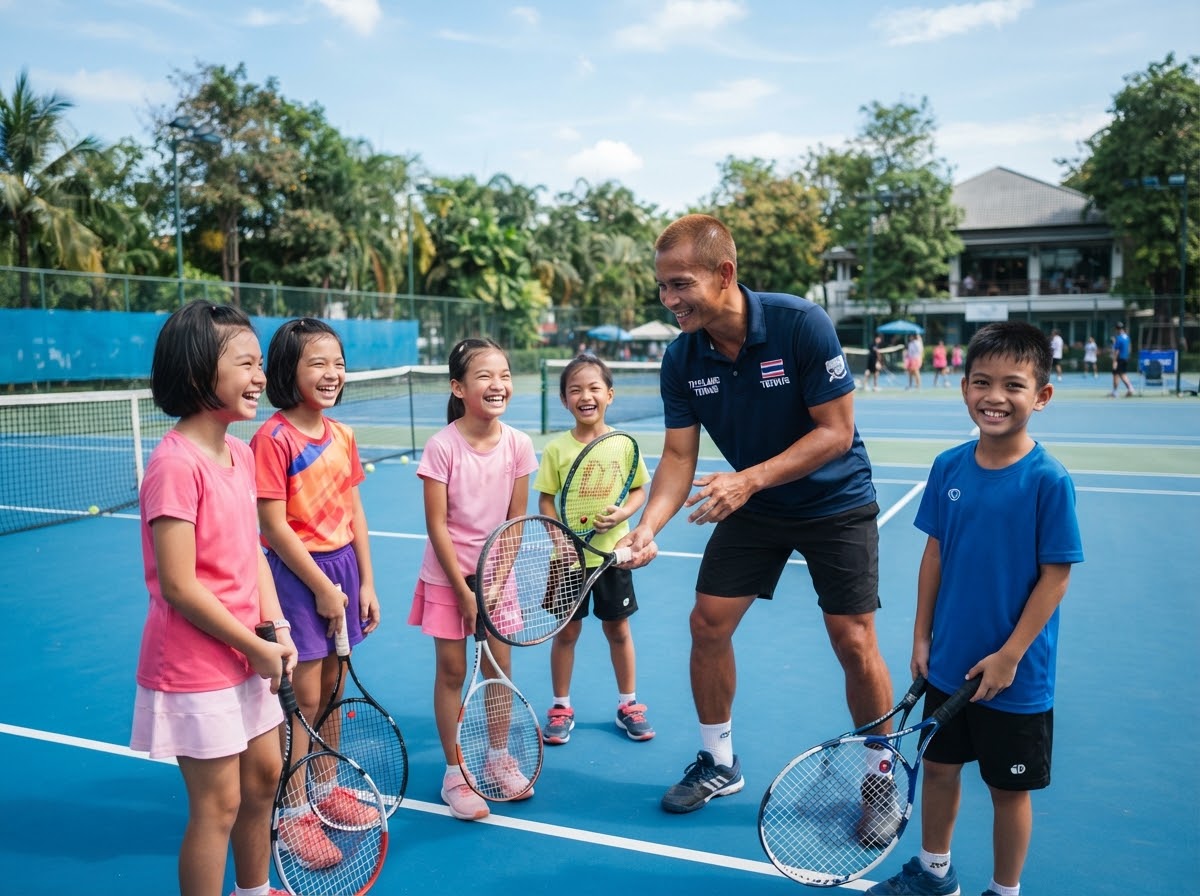Friendly Thai male coach teaching happy Thai children