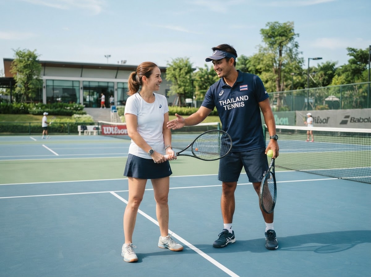 Thai tennis coach giving personalized coaching
