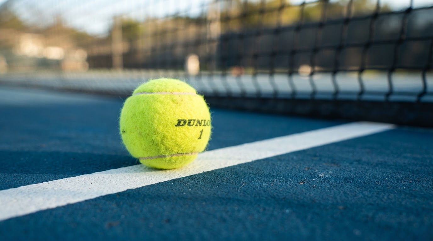 Macro close-up of vibrant neon yellow-green tennis ball on court line