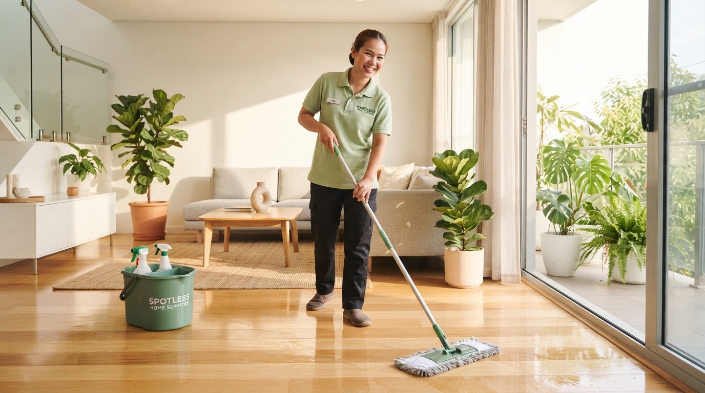 พนักงานทำความสะอาดมืออาชีพ CLEANOVA SERVICE ในชุดยูนิฟอร์มสีเขียวอ่อน