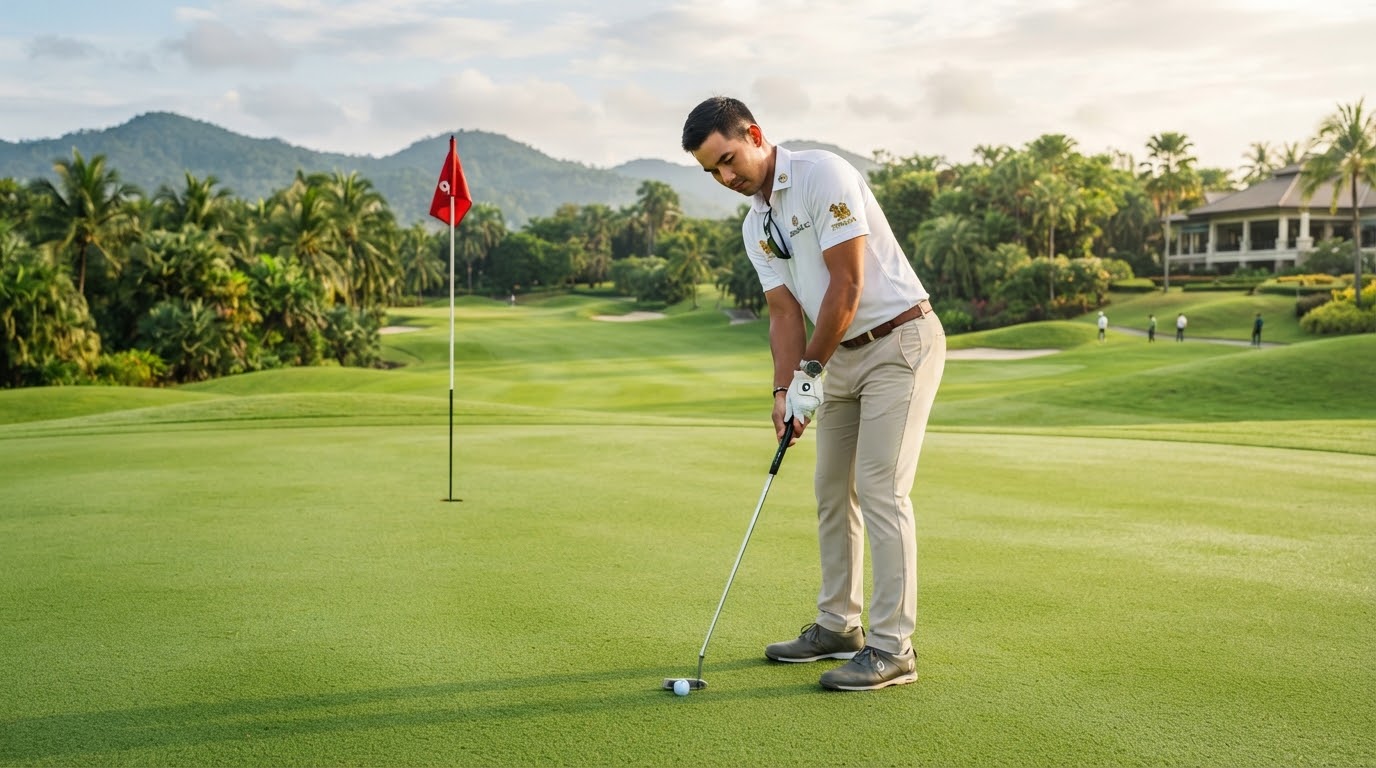Cinematic professional photo of an athletic Thai male golfer putting a golf ball on a pristine vibrant green putting course.