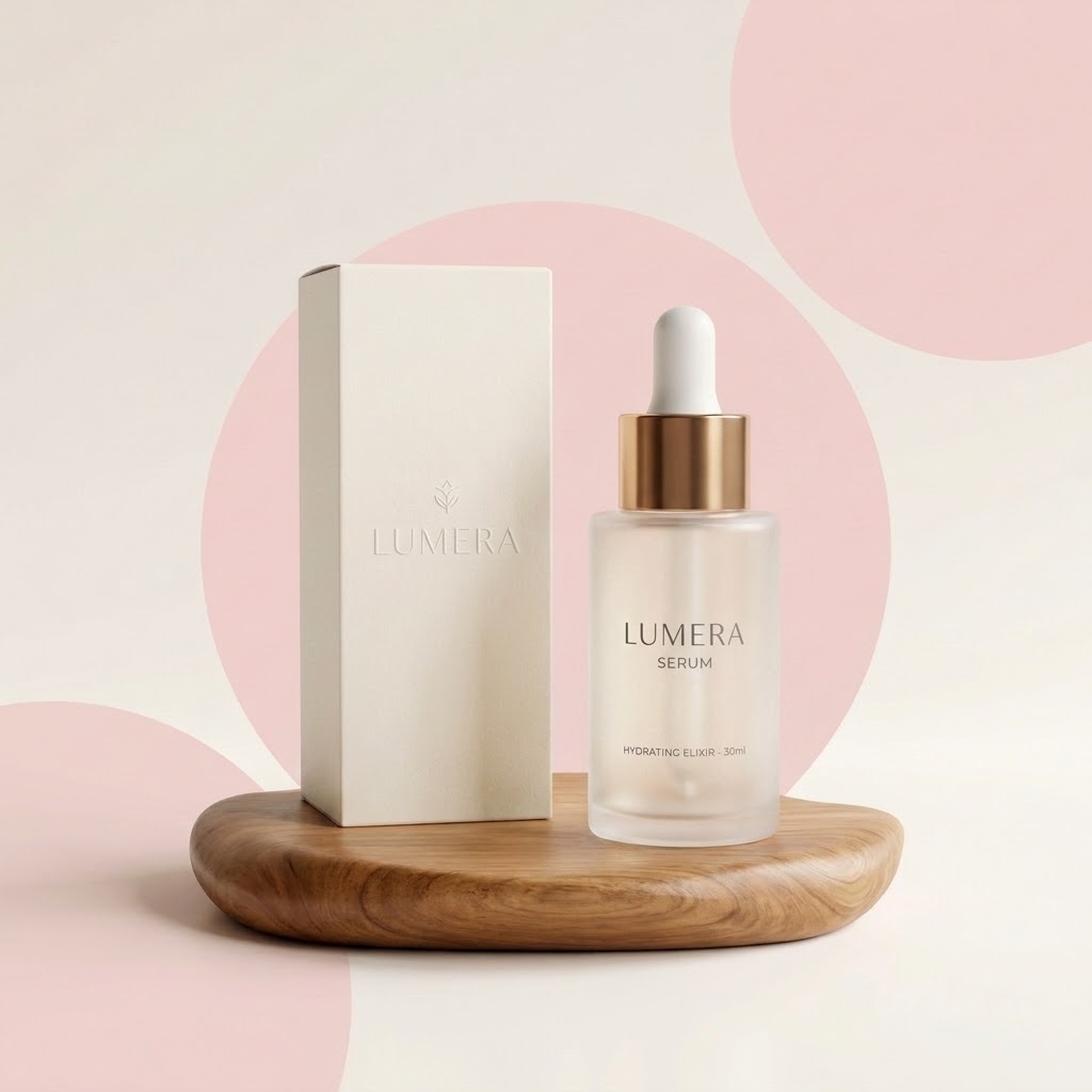 LUMERA Luxury Dropper Serum and Packaging Box on Teak Pedestal