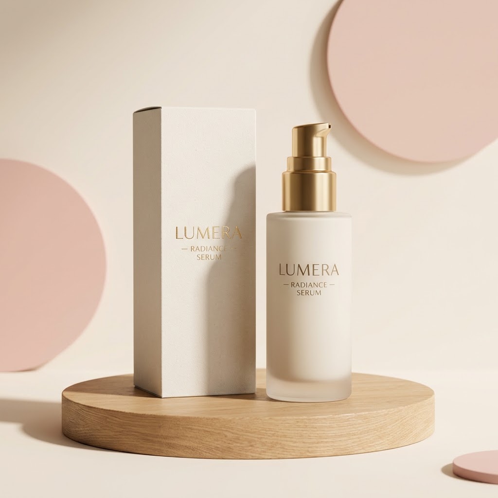LUMERA Radiance Cream & Packaging Box on Wooden Pedestal