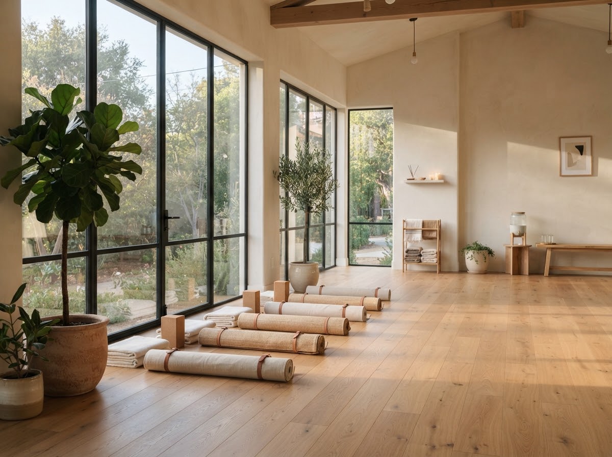 LUMORA Yoga Studio Interior - สตูดิโอโยคะแสงธรรมชาติ พื้นไม้โอ๊ค บรรยากาศโปร่งสบาย