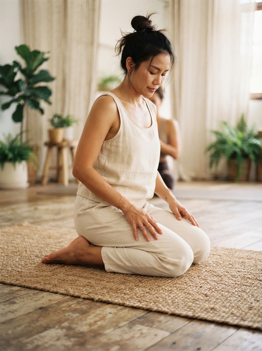 Mindful seated pose on natural mat