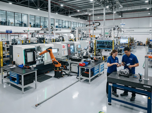 Modern industrial smart factory with automated robotic arms line