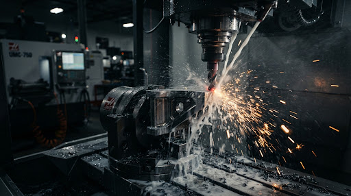 5-Axis CNC Milling machine cutting aerospace grade titanium and steel alloy with coolant spraying