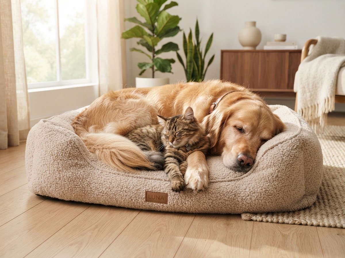 Golden Retriever dog and tabby cat peacefully sleeping together in cozy plush pet bed - MomoPaws