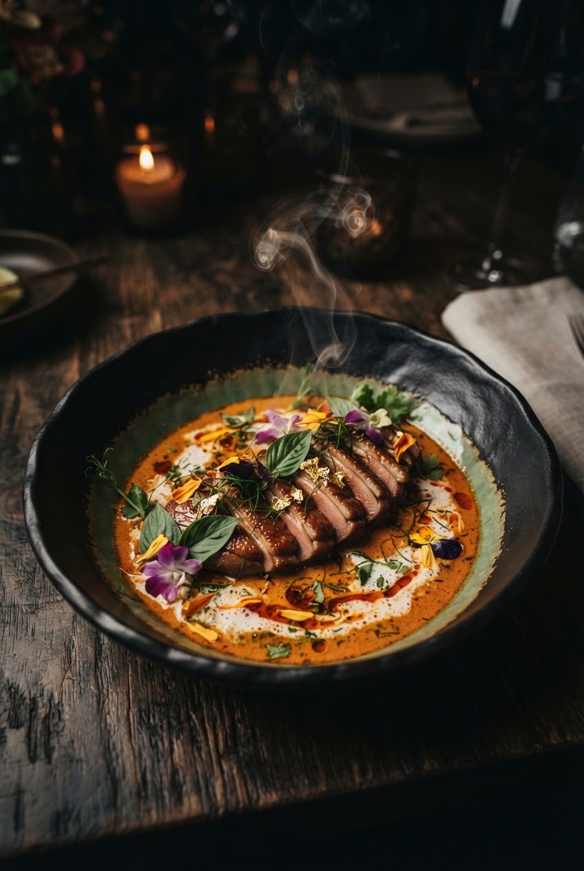 Artistically plated modern Thai fine dining course in ceramic bowl with gentle curl of infused smoke