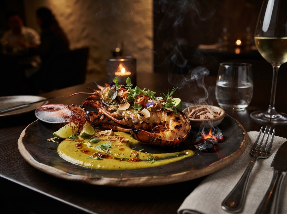 Grilled southern blue lobster dish with vibrant fragrant emulsion sauce