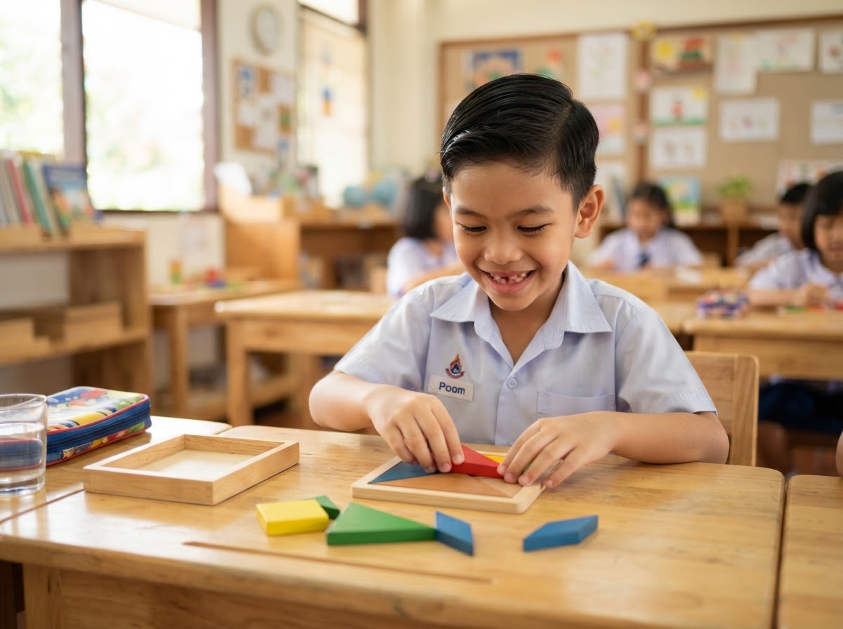 Cheerful Thai boy arranging colorful tangram blocks