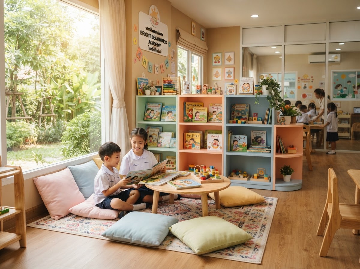 Bright modern learning environment and cozy reading library nook
