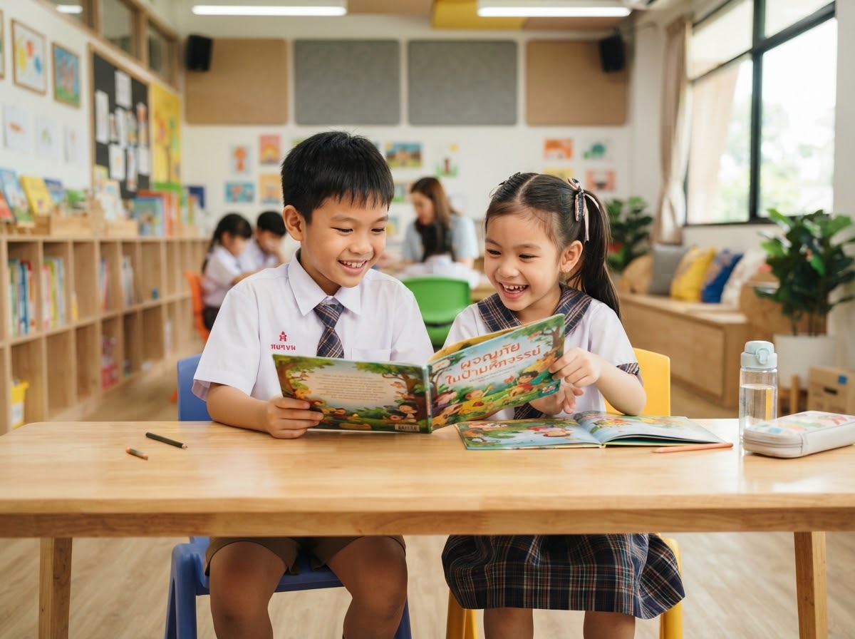 Two cute Thai elementary school students reading story book