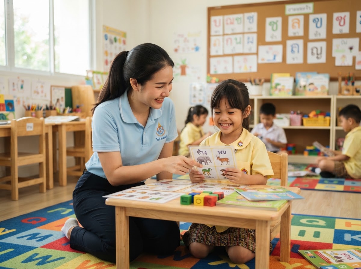Friendly young Thai female teacher guiding student with learning cards