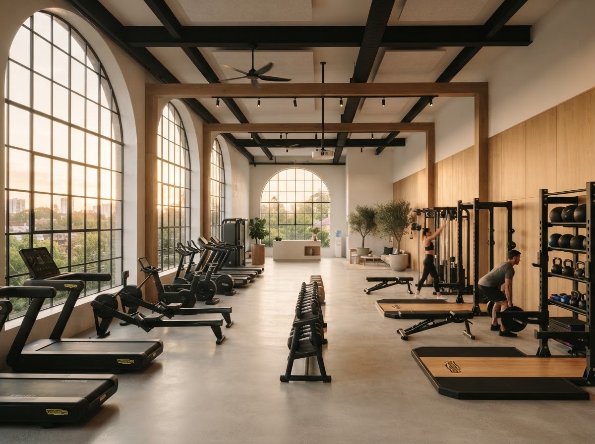 Stunning spacious interior of luxury minimalist boutique gym with arched windows