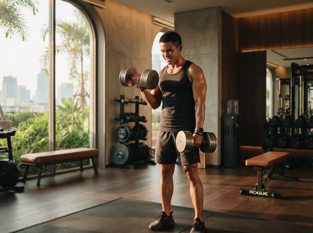 Strength Training: Fit Thai young man lifting dumbbells training in luxury gym