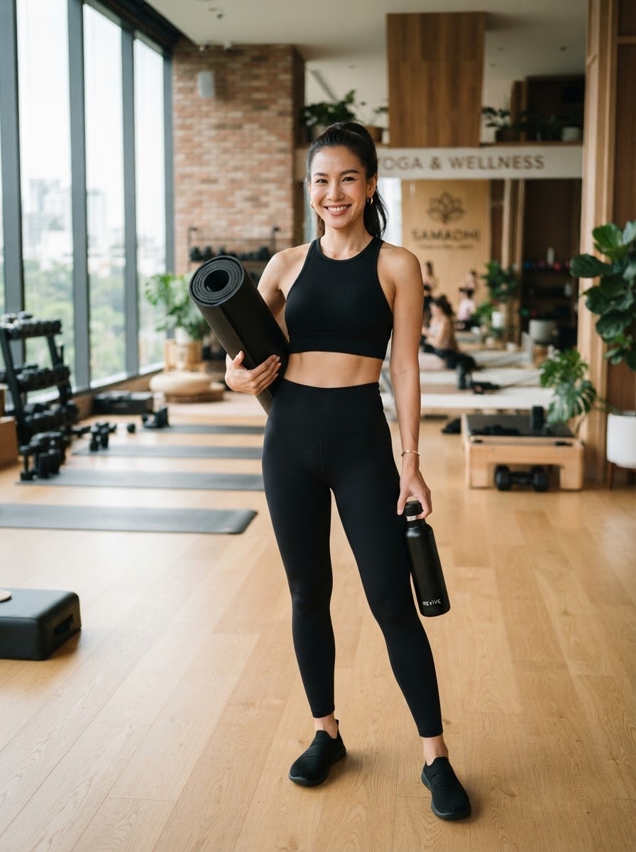 Fit attractive Thai woman smiling warmly holding black yoga mat in luxury gym studio