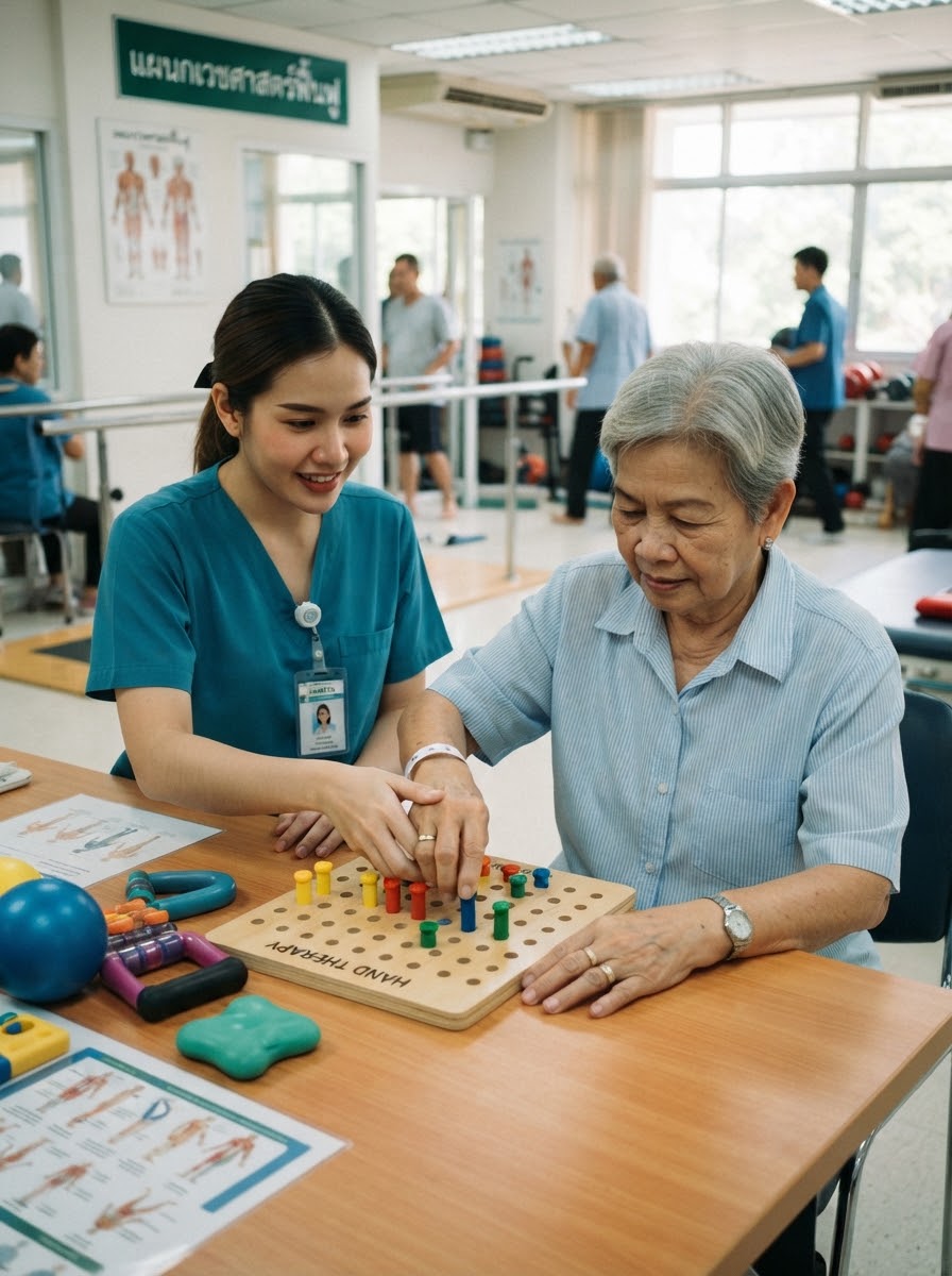 กายภาพบำบัดฟื้นฟูผู้ป่วยหลอดเลือดสมองและอัมพฤกษ์ ฝึกการควบคุมกล้ามเนื้อและหยิบจับ