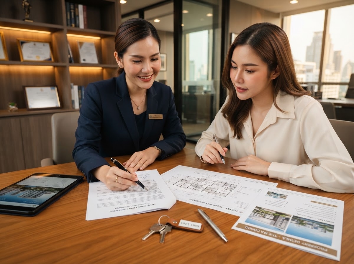 Real estate consultant and client reviewing property documents