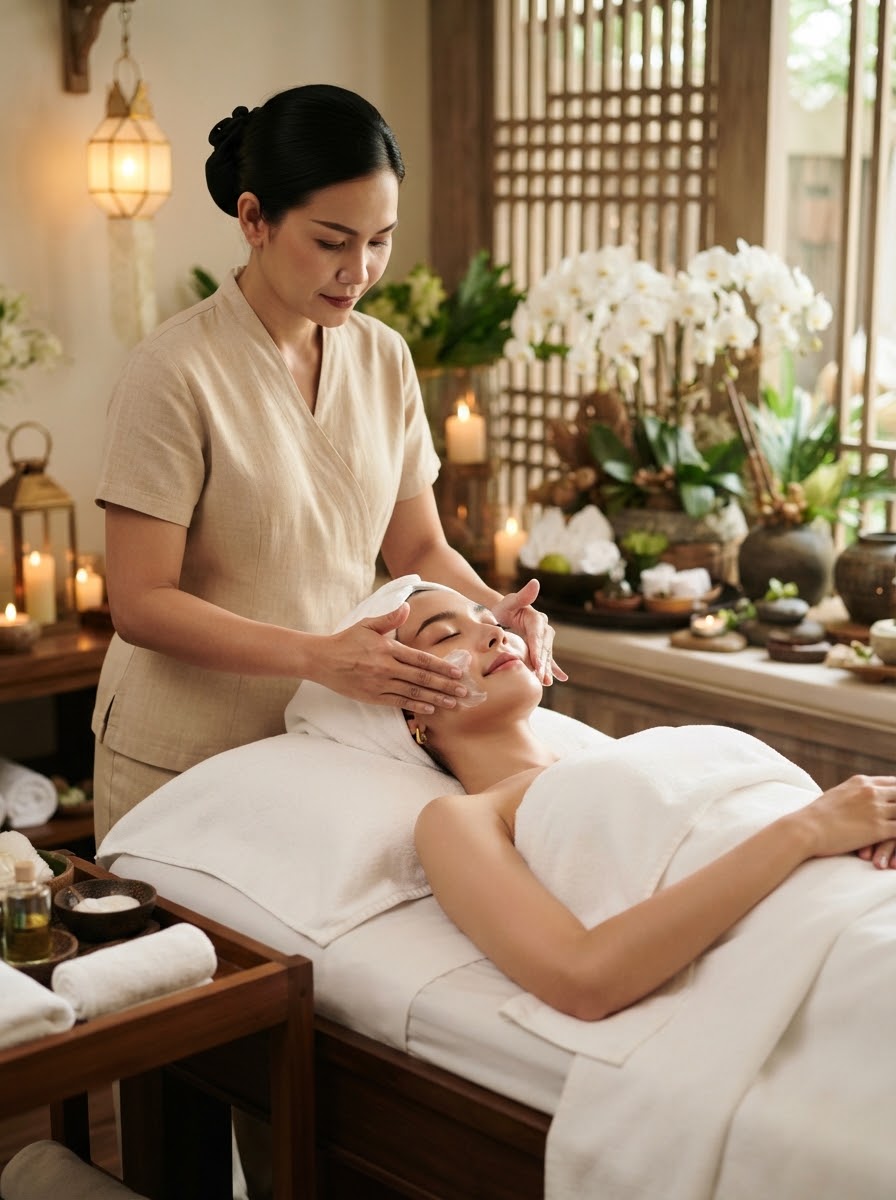 สุภาพสตรีรับบริการทรีตเมนต์สปาผ่อนคลาย