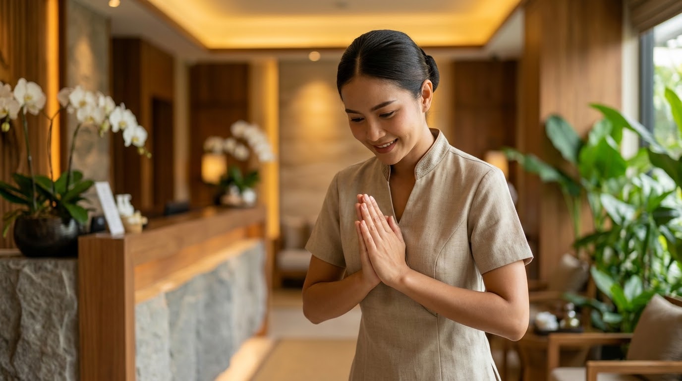พนักงานต้อนรับสปาไทยมืออาชีพยกมือไหว้ต้อนรับอย่างอบอุ่นในเลานจ์สปาอันเงียบสงบ