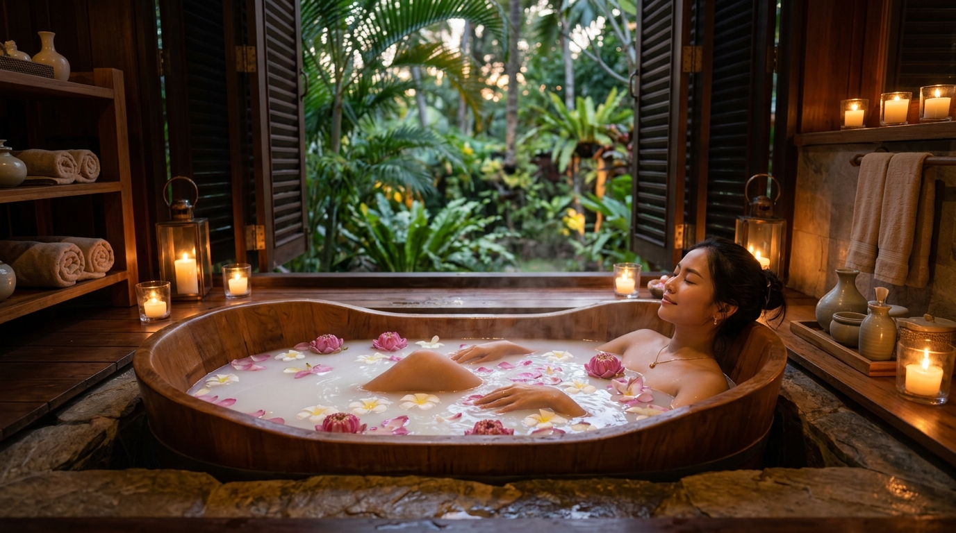 สปาวารีบำบัดอ่างน้ำนมและกลีบดอกไม้ธรรมชาติในอ่างจากุซซี่
