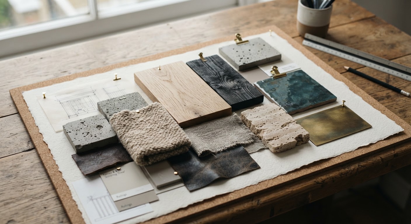 Architectural material moodboard tactile textures by Varelune Atelier