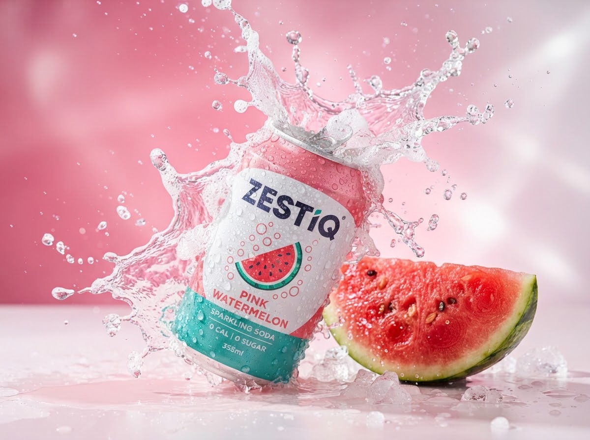 ZESTIQ pink watermelon sparkling soda can tilted with dynamic water splashes and fresh crisp watermelon slice